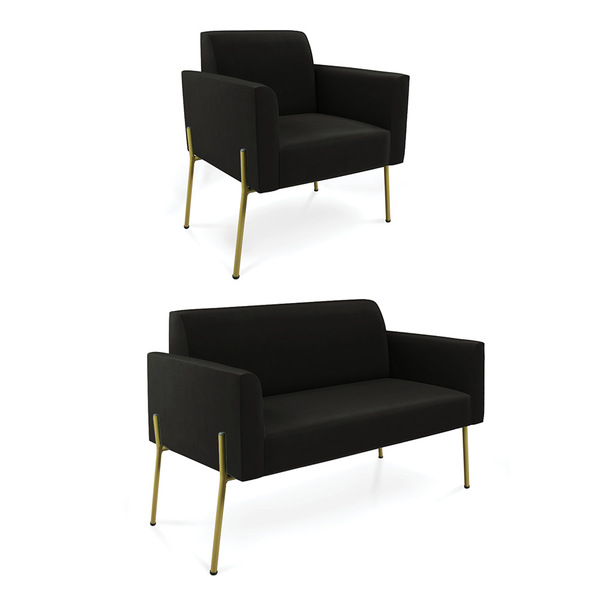 Sofá Namoradeira E Poltrona Pé De Ferro Dourado Marisa Suede