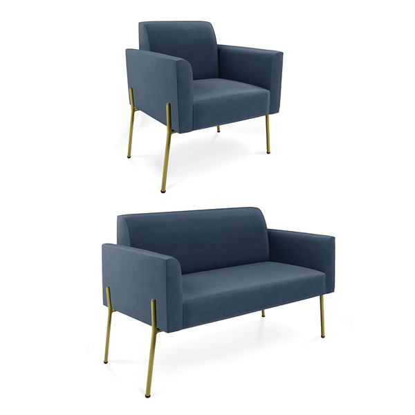 Sofá Namoradeira E Poltrona Pé De Ferro Dourado Marisa Suede