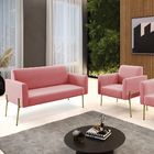 Sofá Namoradeira E Poltrona Pé De Ferro Dourado Marisa Suede