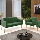 Sofá Namoradeira E Poltrona Pé De Ferro Dourado Marisa Suede