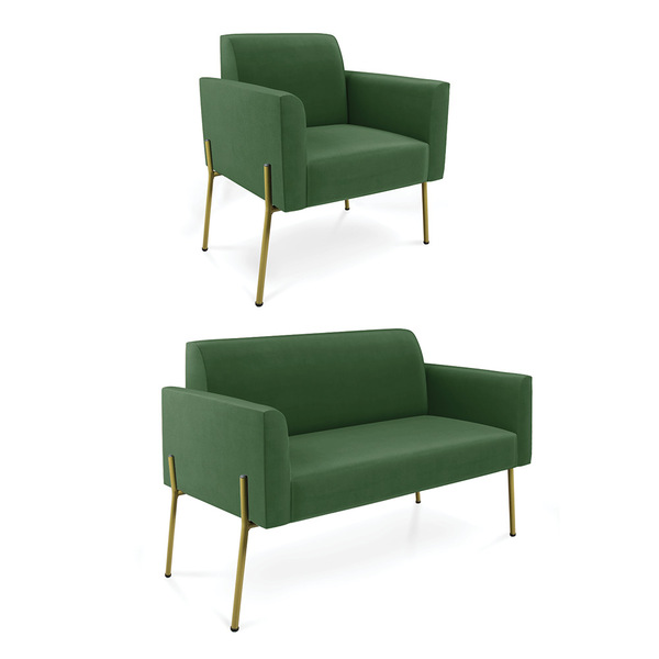 Sofá Namoradeira E Poltrona Pé De Ferro Dourado Marisa Suede