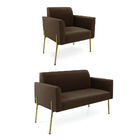 Sofá Namoradeira E Poltrona Pé De Ferro Dourado Marisa Suede