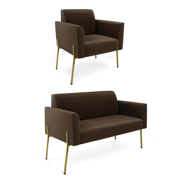 Sofá Namoradeira E Poltrona Pé De Ferro Dourado Marisa Suede