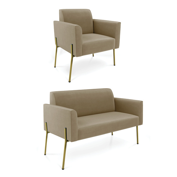 Sofá Namoradeira E Poltrona Pé De Ferro Dourado Marisa Suede