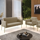 Sofá Namoradeira E Poltrona Pé De Ferro Dourado Marisa Suede