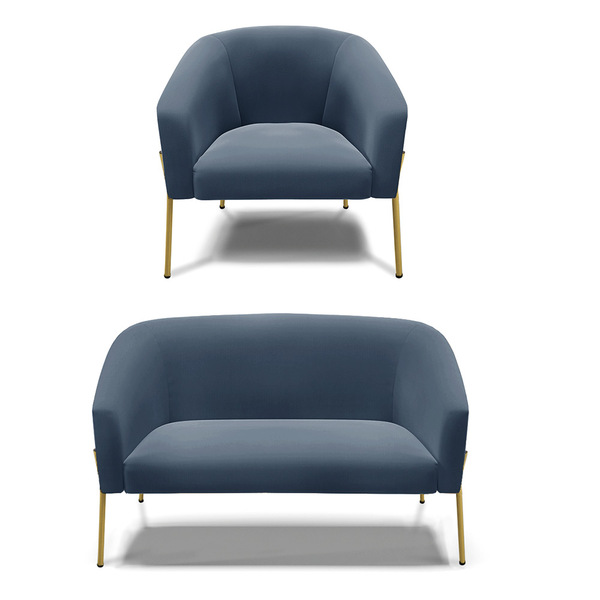 Sofá Namoradeira E Poltrona Pé De Ferro Dourado Stella Suede