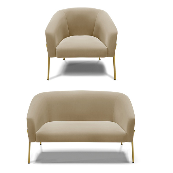 Sofá Namoradeira E Poltrona Pé De Ferro Dourado Stella Suede