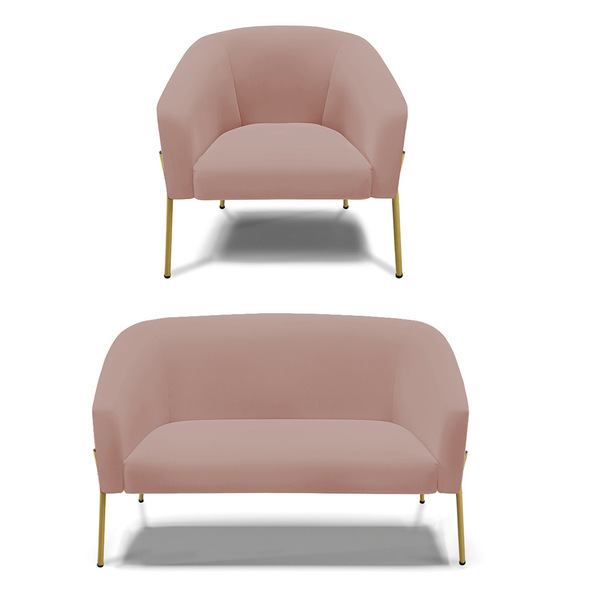 Sofá Namoradeira E Poltrona Pé De Ferro Dourado Stella Veludo