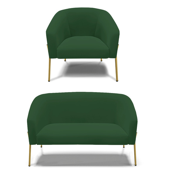 Sofá Namoradeira E Poltrona Pé De Ferro Dourado Stella Veludo