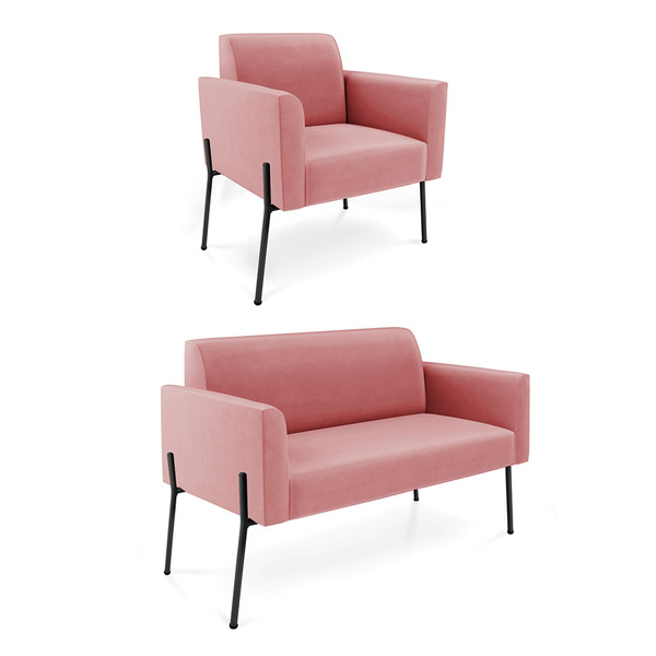 Sofá Namoradeira E Poltrona Pé De Ferro Preto Marisa Suede -