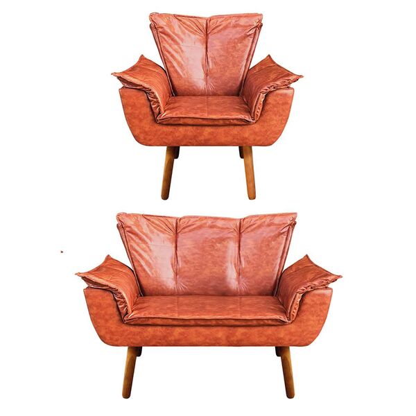 Sofá Namoradeira E Poltrona Pé Palito Castanho Opala Corano D