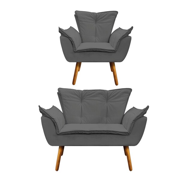 Sofá Namoradeira E Poltrona Pé Palito Castanho Opala Corino D