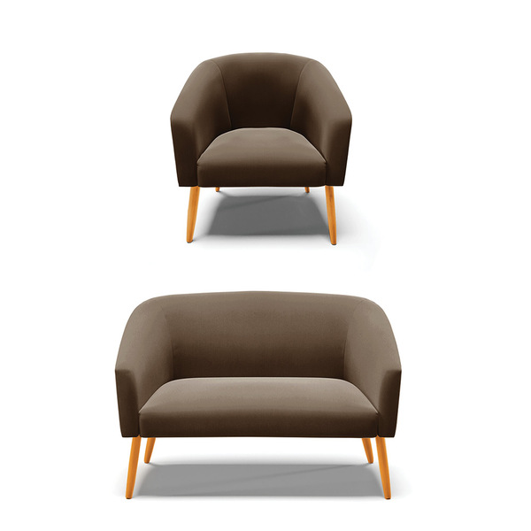 Sofá Namoradeira E Poltrona Pé Palito Castanho Stella Suede D