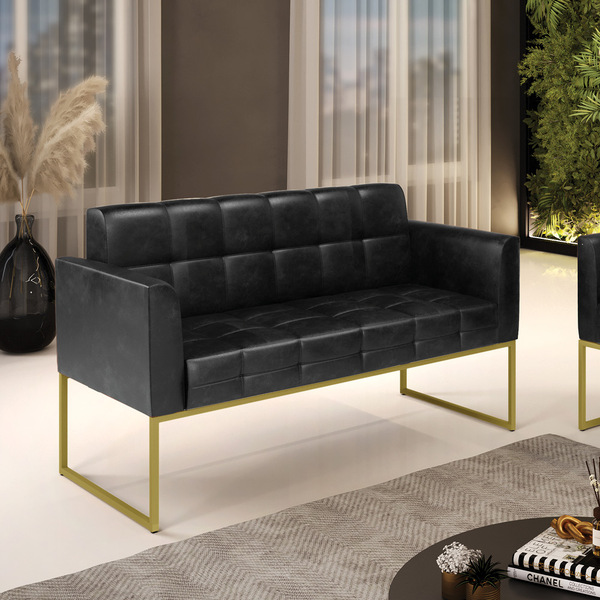 Sofá Namoradeira Elisa Corano Preto Base Metálica Industrial
