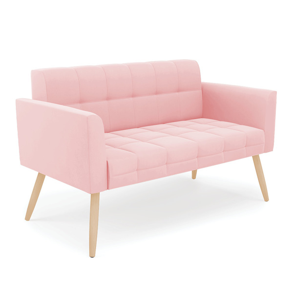 Sofá Namoradeira Elisa Suede Rosa Bebê Pés Palito Natural D03