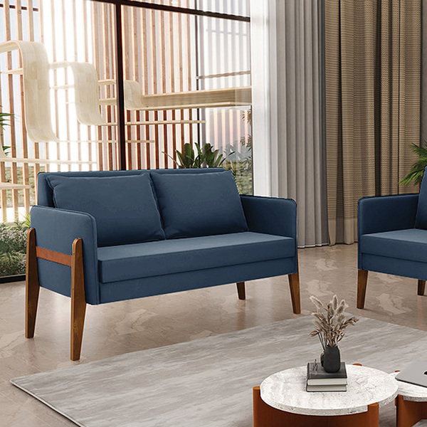Sofá Namoradeira Lana Suede Azul Marinho Base De Madeira