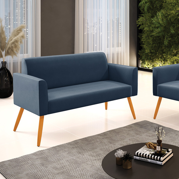 Sofá Namoradeira Pés Palito Castanho Marisa Suede - Azul Mari