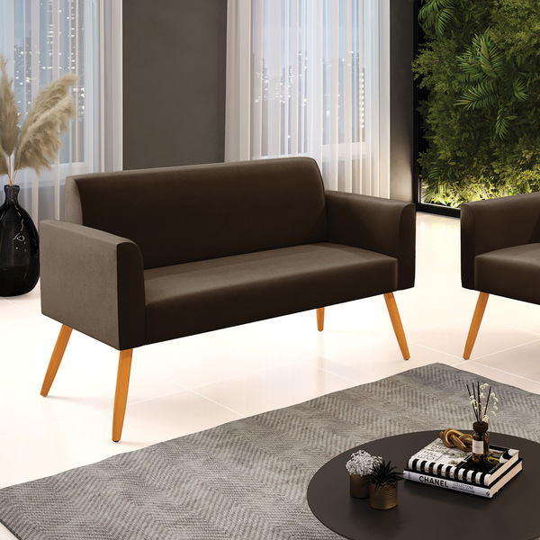 Sofá Namoradeira Pés Palito Castanho Marisa Suede - Marrom