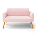 Sofá Namoradeira Pés Palito Castanho Marisa Suede - Rosa Bebê