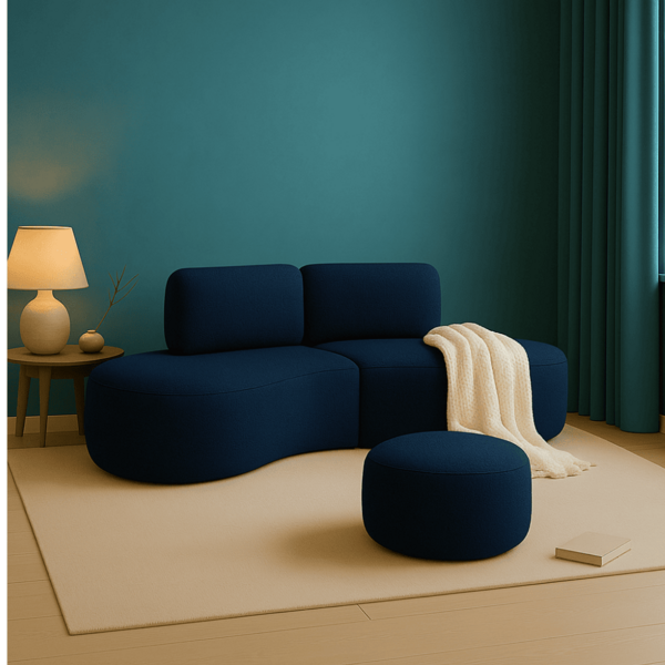 Sofá Orgânico E Puff Módulo Curvo Savana Boucle Azul Marinho