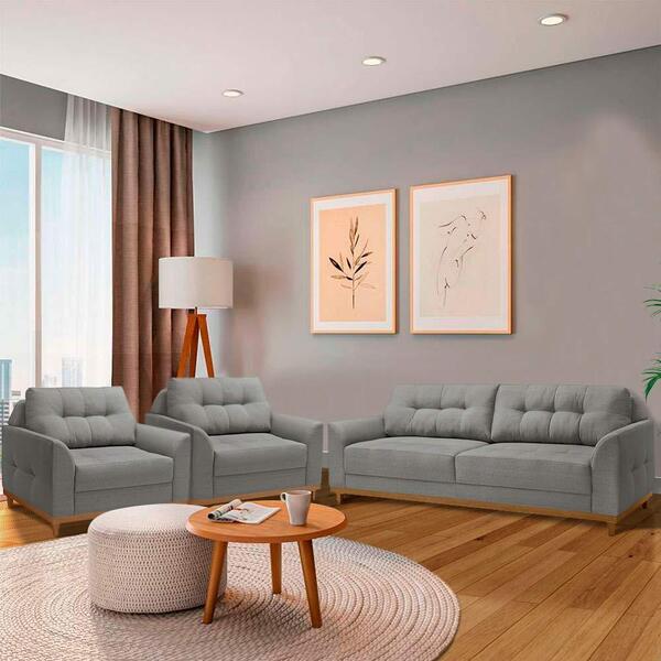 Sofá Para Sala Pequena E 2 Poltronas Living Linho Cinza Escur
