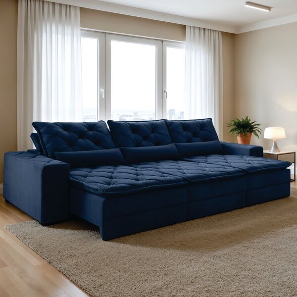 Sofá Reclinável 5 Lugares 320cm Dallas  Veludo Azul Marinho