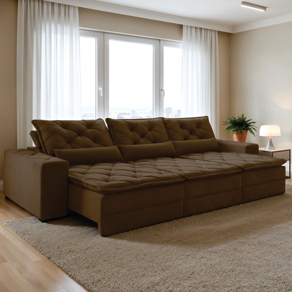 Sofá Reclinável 5 Lugares 320cm Dallas Veludo   Veludo Marrom