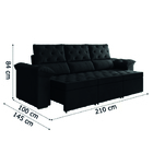 Sofá Retrátil 3 Lugares 2,10m York Suede Preto
