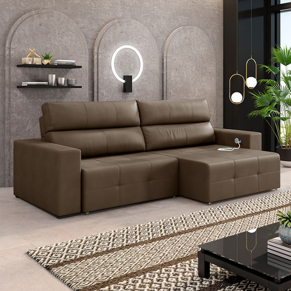 Sofá Retrátil 3 Lugares 204cm 2 Módulos Nero Com Usb Couro Ca