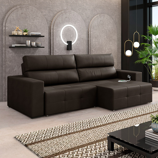 Sofá Retrátil 3 Lugares 204cm 2 Módulos Nero Com Usb Couro Ma