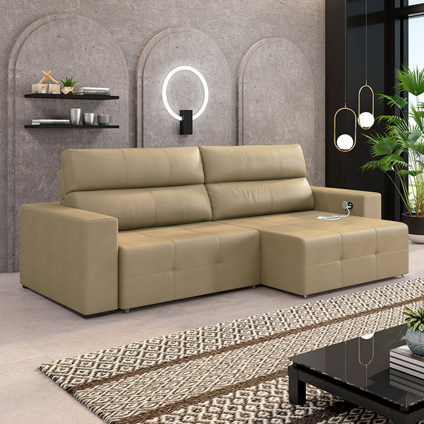 Sofá Retrátil 3 Lugares 224cm 2 Módulos Nero Com Usb Couro Be