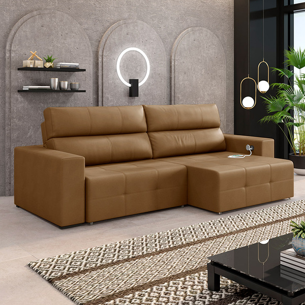 Sofá Retrátil 3 Lugares 244cm 2 Módulos Nero Com Usb Couro Ca