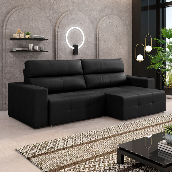 Sofá Retrátil 3 Lugares 244cm 2 Módulos Nero Couro Preto G52