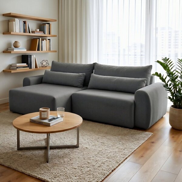 Sofá Retrátil 3 Lugares 250cm Com Almofadas E Base Em Mad...