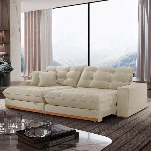 Sofá Retrátil 3 Lugares 250cm Linho Belize Bege