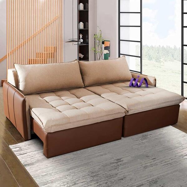 Sofá Retrátil 3 Lugares Linho Bege Claro Corino Caramelo Colo