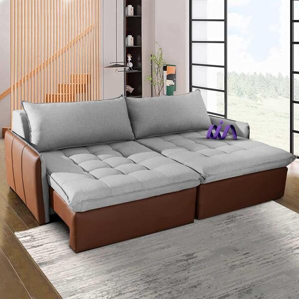 Sofá Retrátil 3 Lugares Linho Cinza Claro Corino Caramelo Col