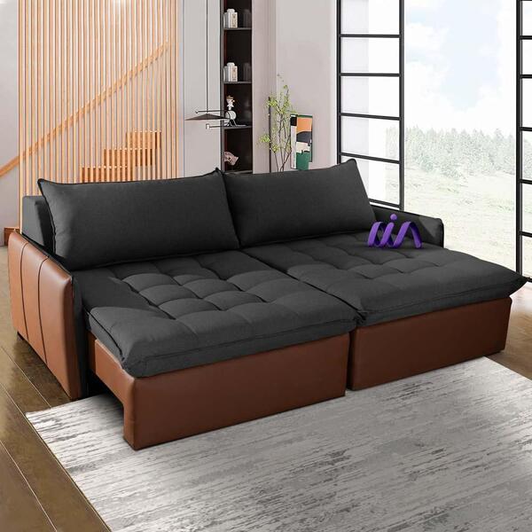 Sofá Retrátil 3 Lugares Linho Cinza Escuro Corino Caramelo Co