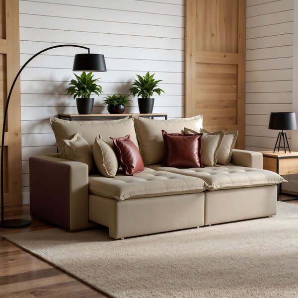 Sofá Retrátil 4 Lugares 280cm Linho Siena  Bege/marrom