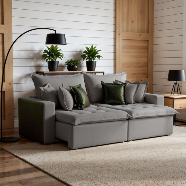 Sofá Retrátil 4 Lugares 280cm Linho Siena  Cinza/verde