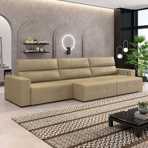 Sofá Retrátil 5 Lugares 374cm 3 Módulos Nero Com Usb Couro Be