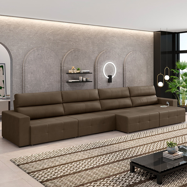 Sofá Retrátil 6 Lugares 444cm 4 Módulos Nero Com Usb Couro Ca