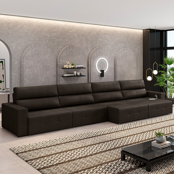 Sofá Retrátil 8 Lugares 524cm 4 Módulos Nero Com Usb Couro Ma