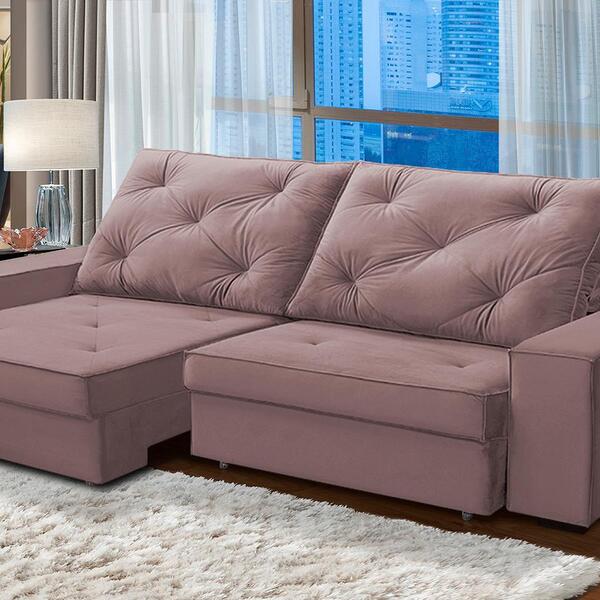 Sofá Retrátil E Reclinável 2,10m Agatha Veludo Rosê Adonai Es