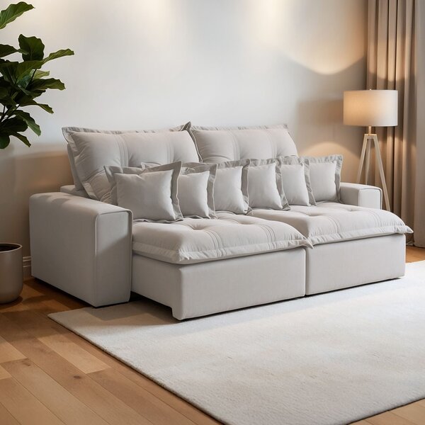 Sofá Retrátil E Reclinável 210cm Com 6 Almofadas Dubai  Cinza
