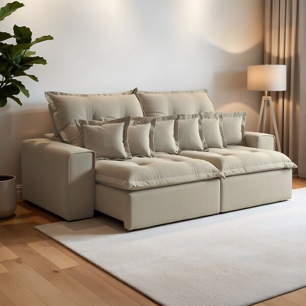 Sofá Retrátil E Reclinável 230cm Com 6 Almofadas Dubai  Bege