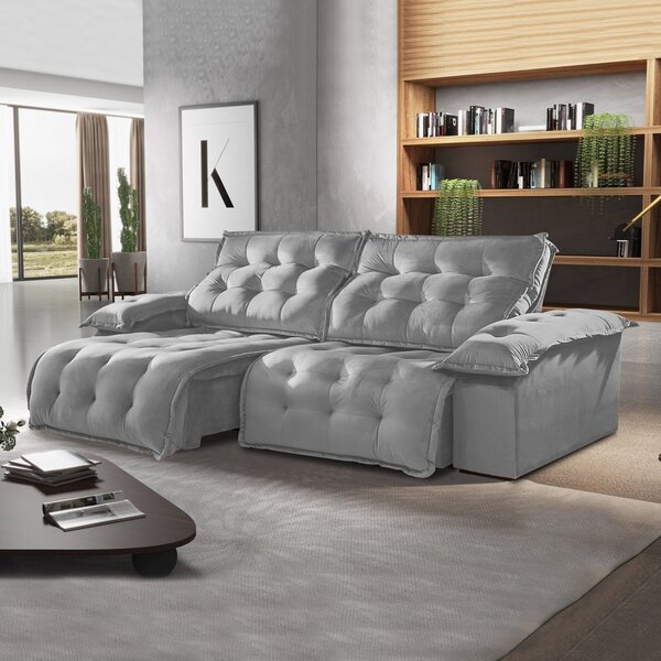 Sofá Retrátil E Reclinável 250cm Istambul Veludo/cinza Claro