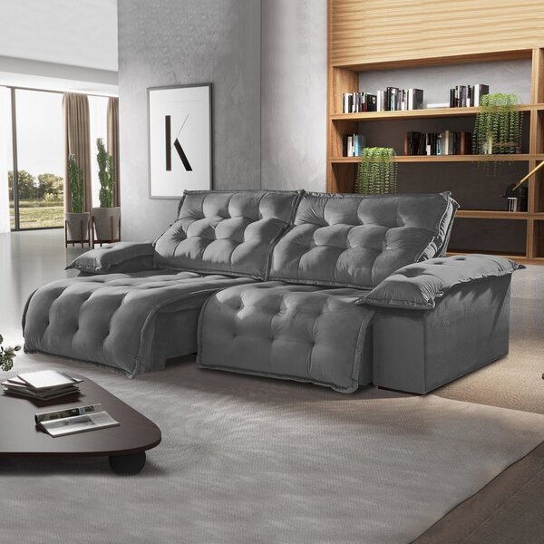 Sofá Retrátil E Reclinável 250cm Istambul Veludo/cinza Escuro