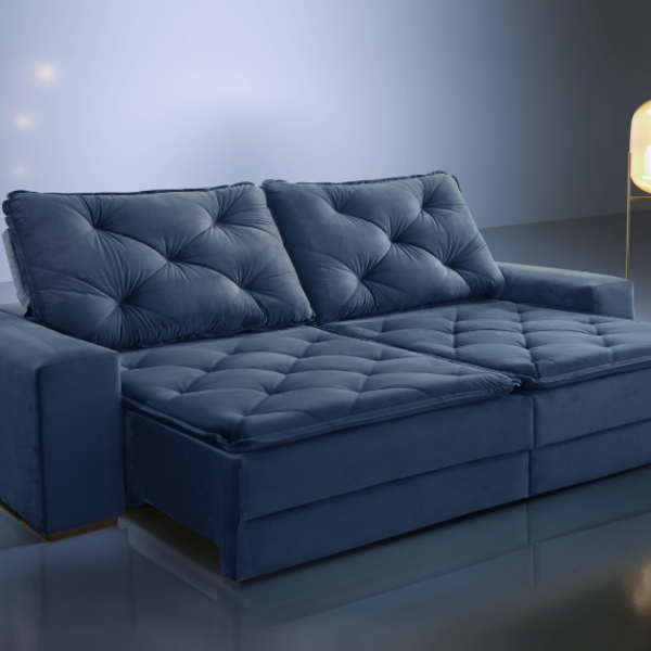Sofá Retrátil E Reclinável 2.90 Atlanta Veludo Azul Marinho