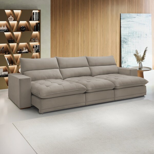 Sofá Retrátil E Reclinável 350cm Martinho Veludo Bege Claro